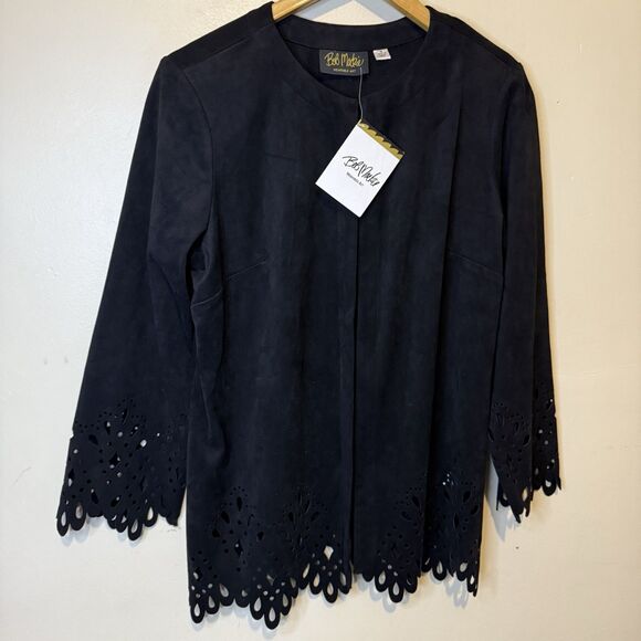 Bob Mackie Wearable Art Womens Faux Suede Jacket Black Cut Out Detail Medium - Picture 2 of 9